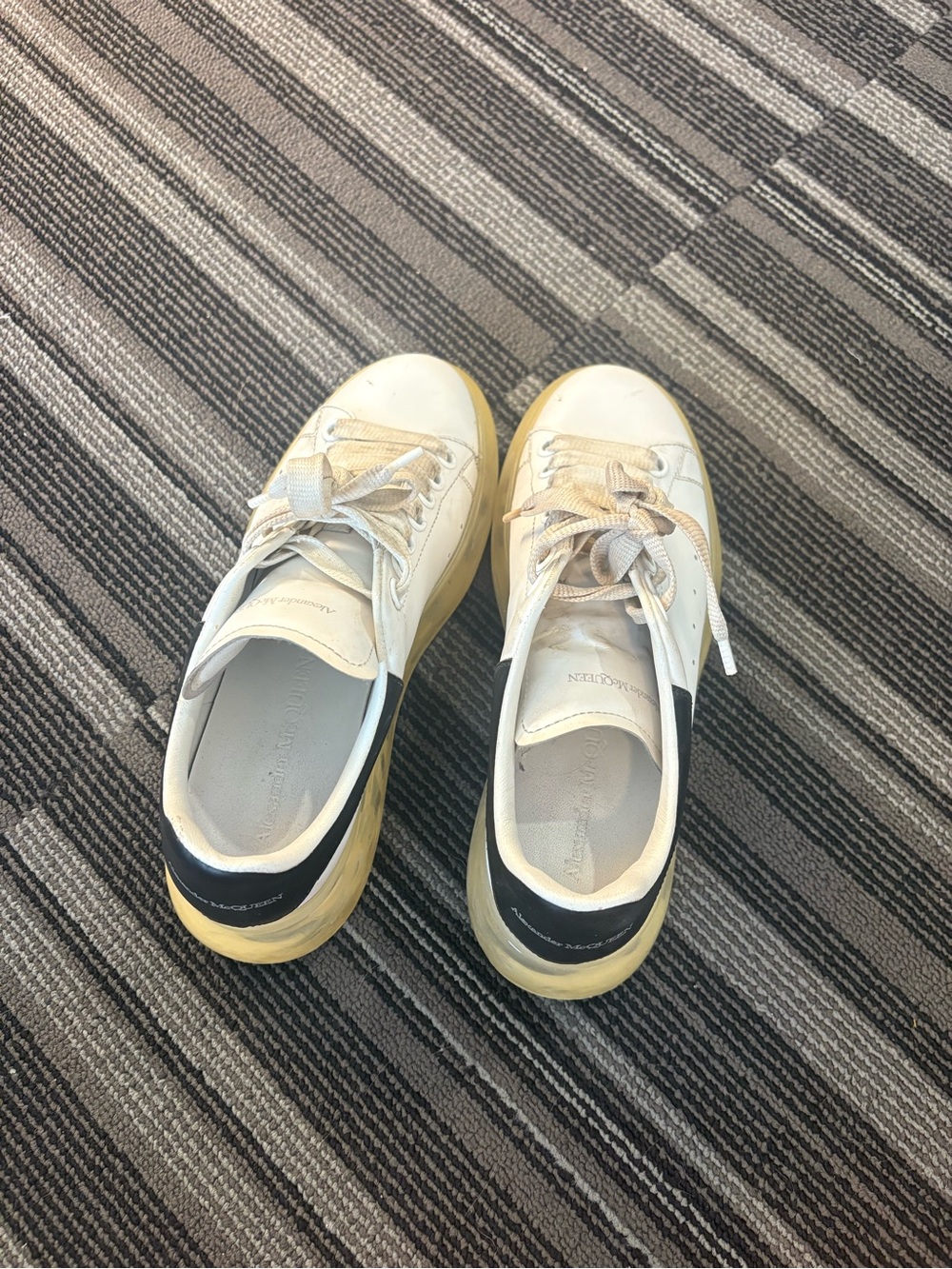 Alexander McQueen White Leather Sneakers with Black Heel and Yellow Sole - Picture 4 of 7